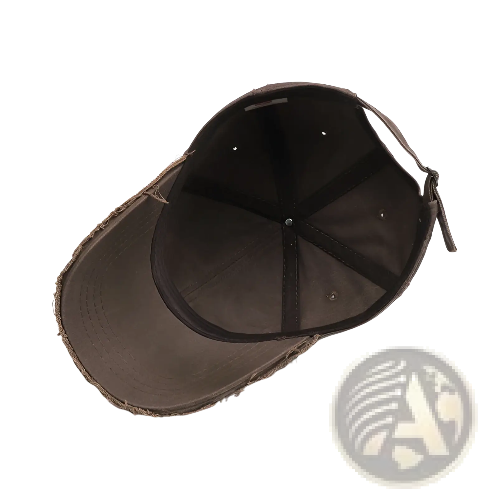 Brown distressed cotton baseball cap with frayed brim and adjustable strap embroidered logo visible