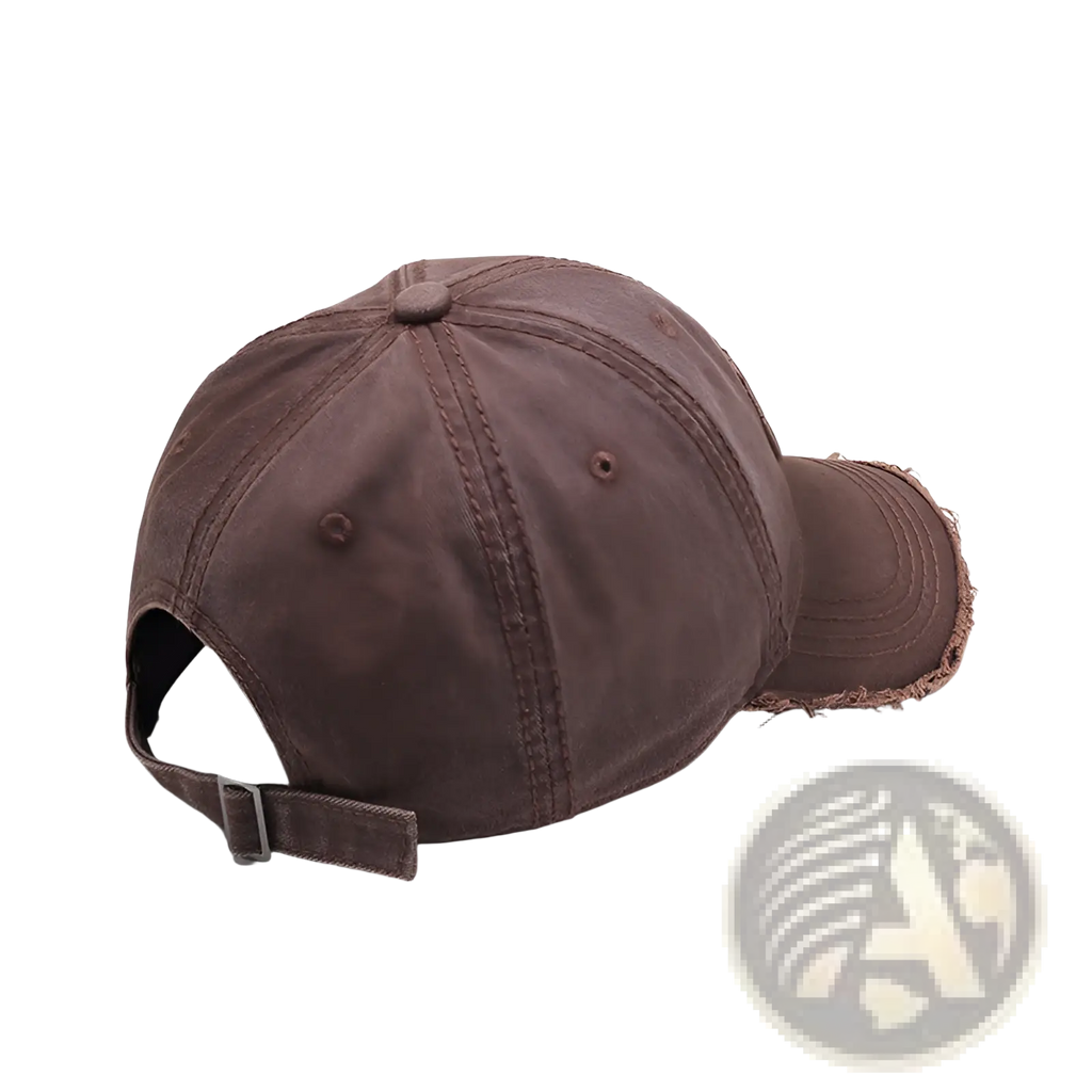 Brown distressed cotton denim baseball cap with frayed brim and adjustable strap showing embroidered logo