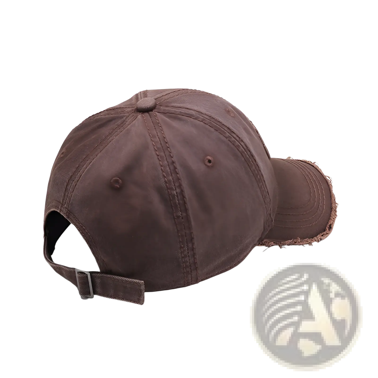 Brown distressed cotton denim baseball cap with frayed brim and adjustable strap showing embroidered logo