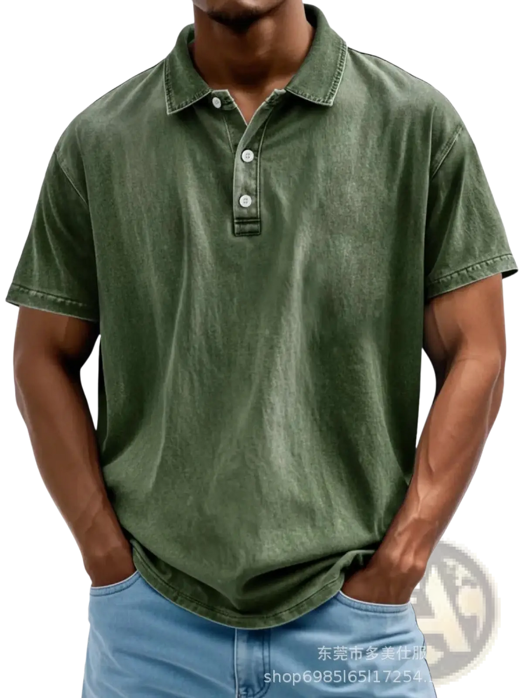Olive green distressed cotton polo shirt with short sleeves classic collar and button placket elegant casual wear