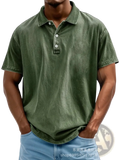Olive green distressed cotton polo shirt with short sleeves classic collar and button placket elegant casual wear