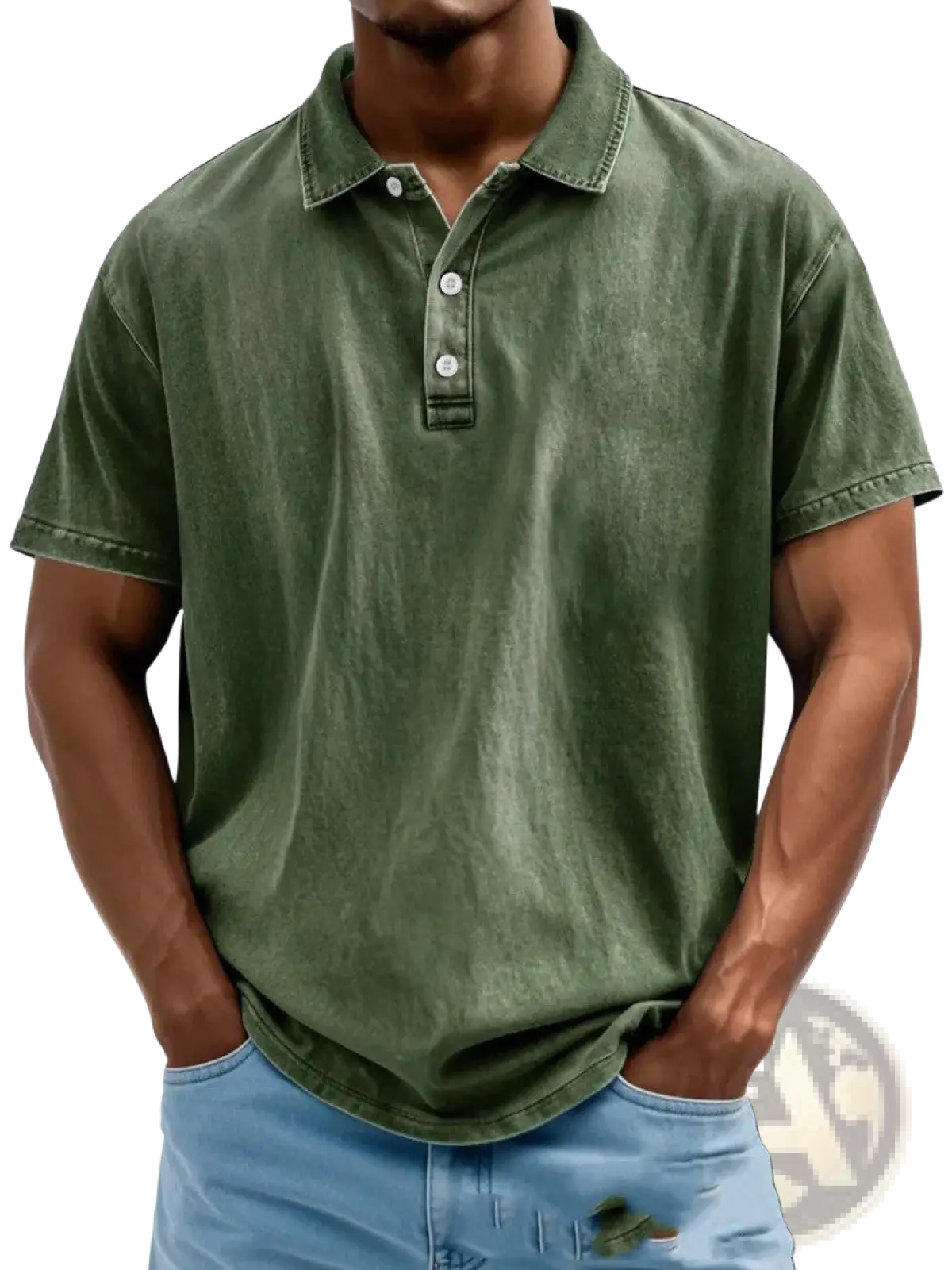 Olive green distressed cotton polo shirt with short sleeves classic collar and three white buttons