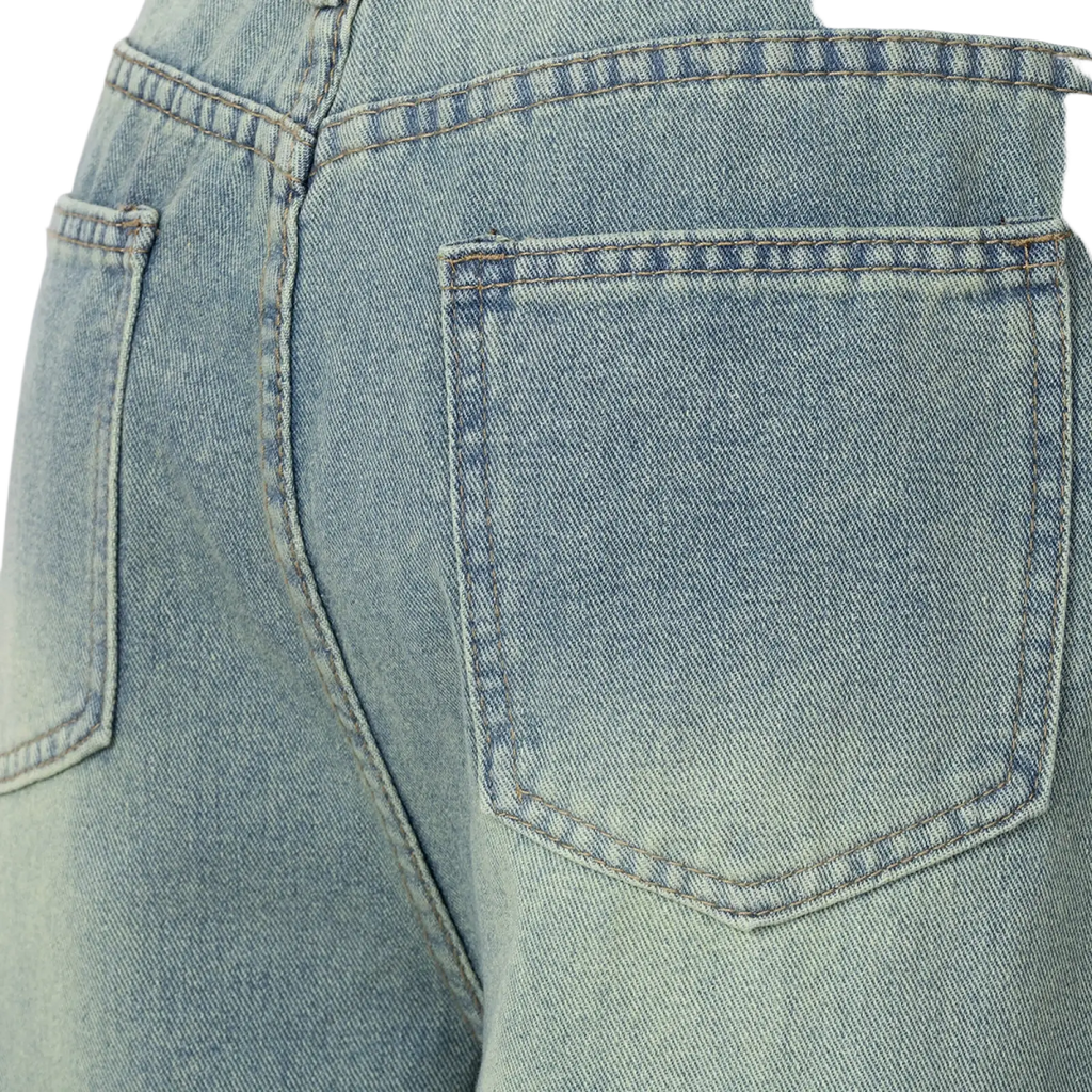 Back side of light-wash distressed cropped denim pants with classic back pocket design and subtle fading