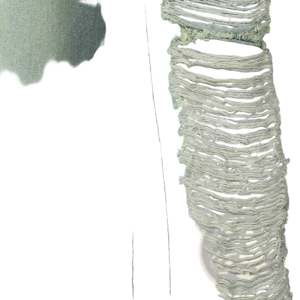 Distressed cropped denim pants in light-wash denim featuring heavily distressed frayed tear details along the leg