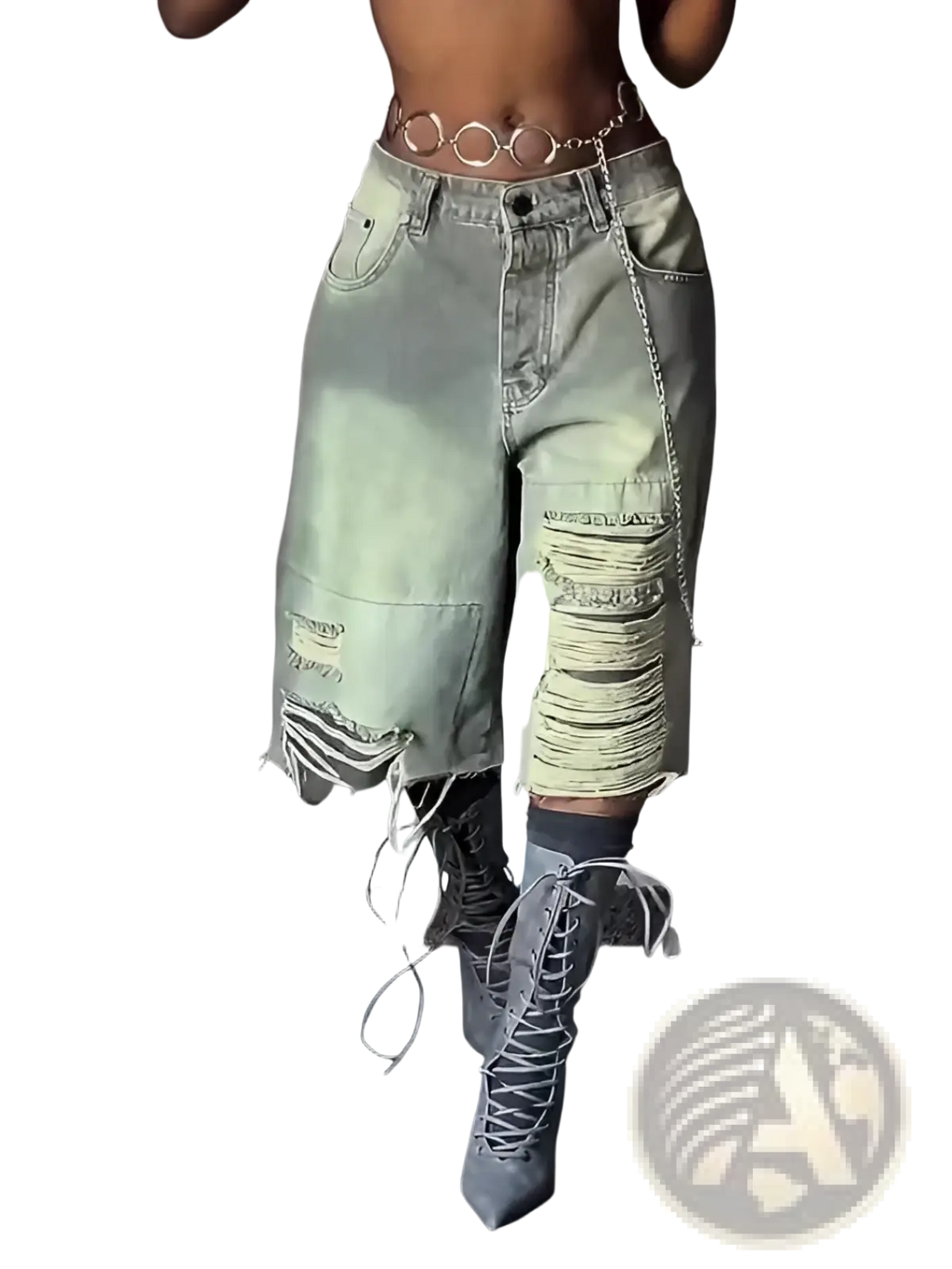 Distressed cropped denim pants in light-wash denim with frayed edges and a chain belt for a stylish look