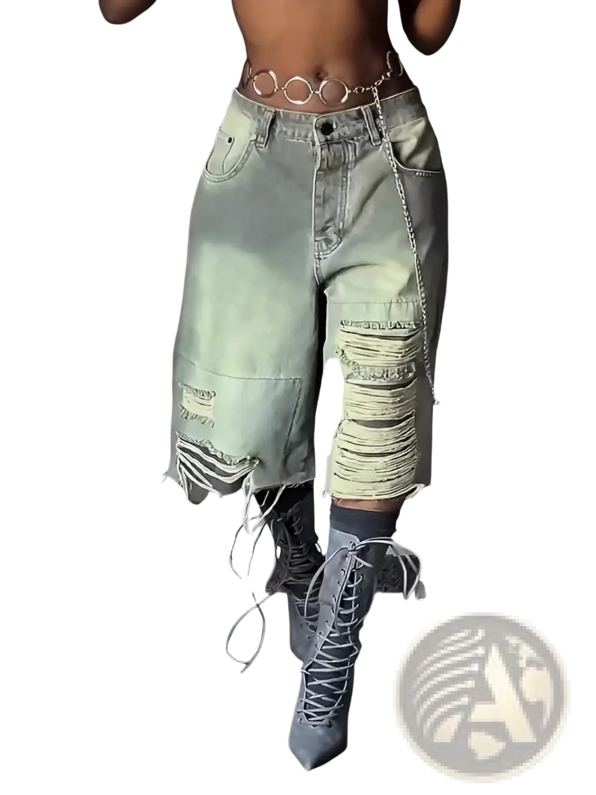 Distressed cropped denim pants in light-wash denim with frayed edges and a chain belt for a stylish look