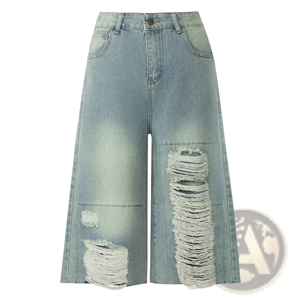 Distressed cropped denim pants featuring light-wash wide-leg design with frayed rips at knees and lower legs