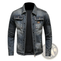 A distressed dark wash denim jacket for men featuring a faded blue color classic collar and chest pockets