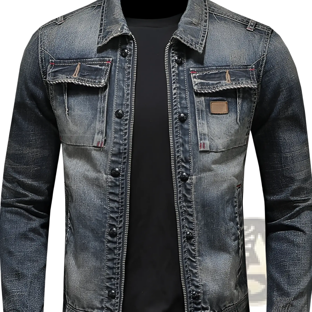 Distressed dark wash denim jacket men with zipper and button closure and chest pockets with brown leather patches