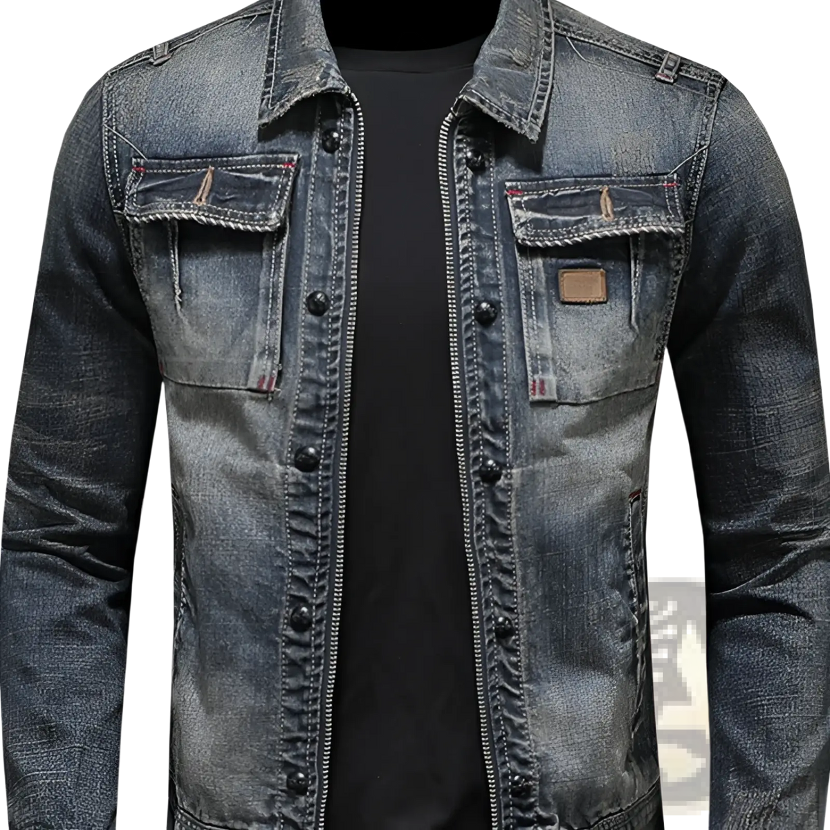Distressed dark wash denim jacket men with zipper and button closure and chest pockets with brown leather patches