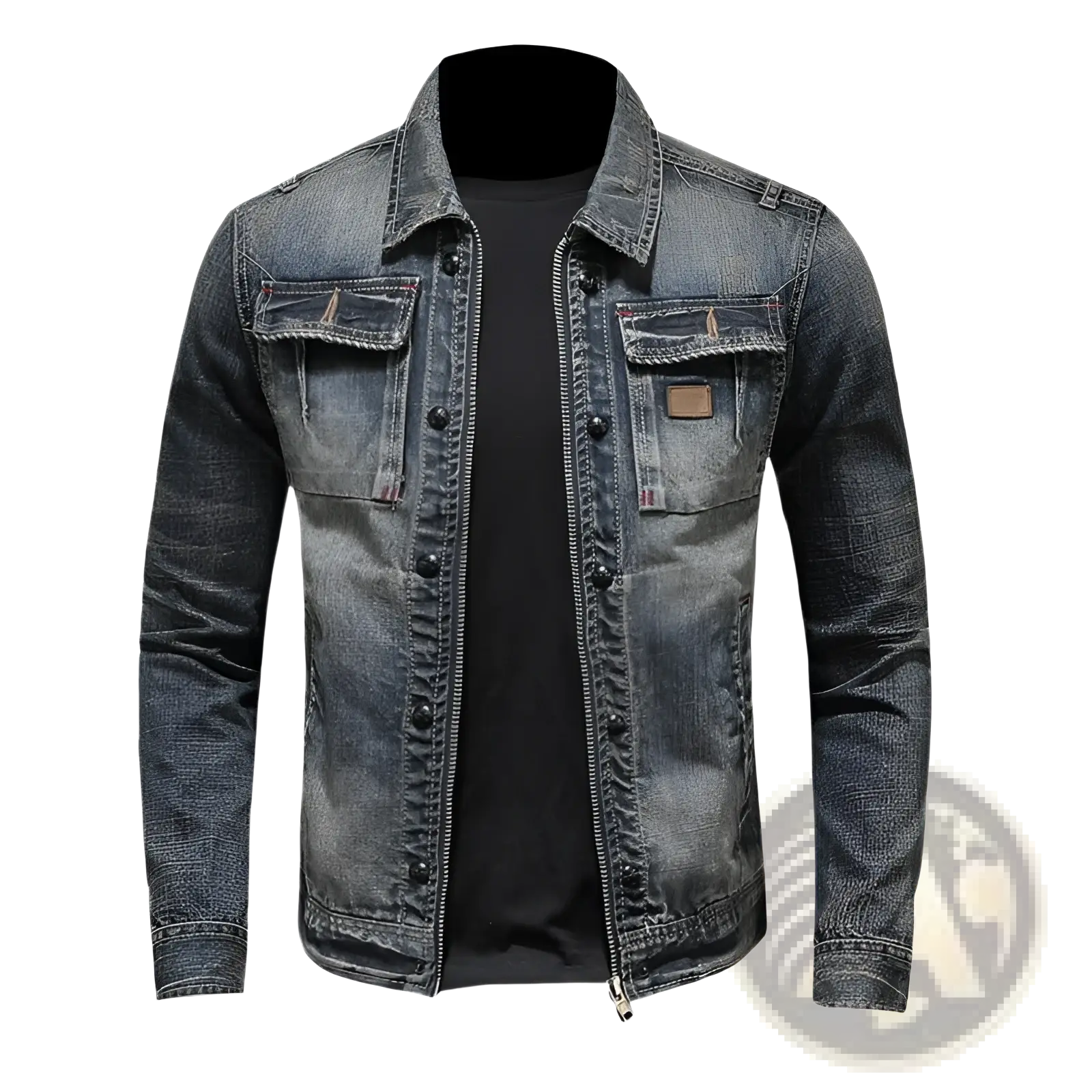 Distressed dark wash denim jacket for men with classic collar front zipper and button closure in dark-wash denim