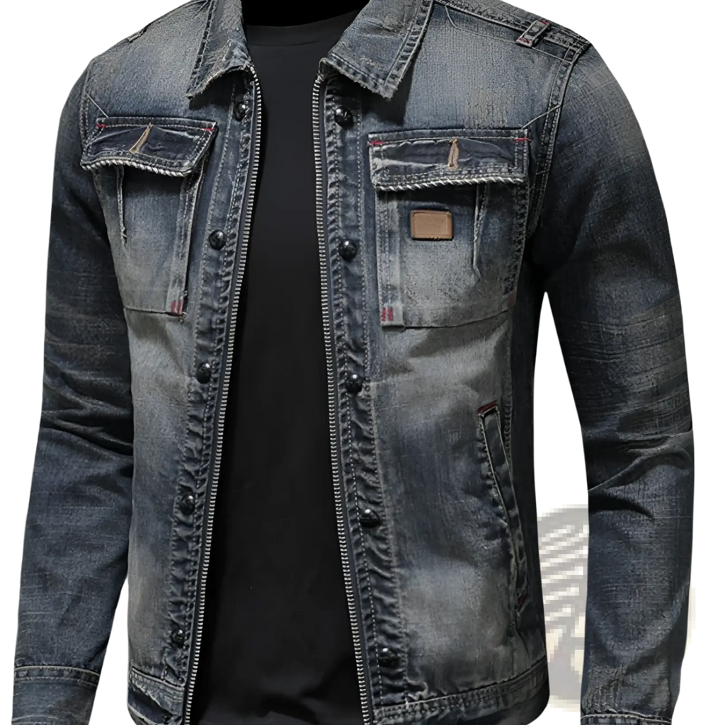 Distressed dark wash denim jacket for men with classic collar, button closures, and stitched chest pockets