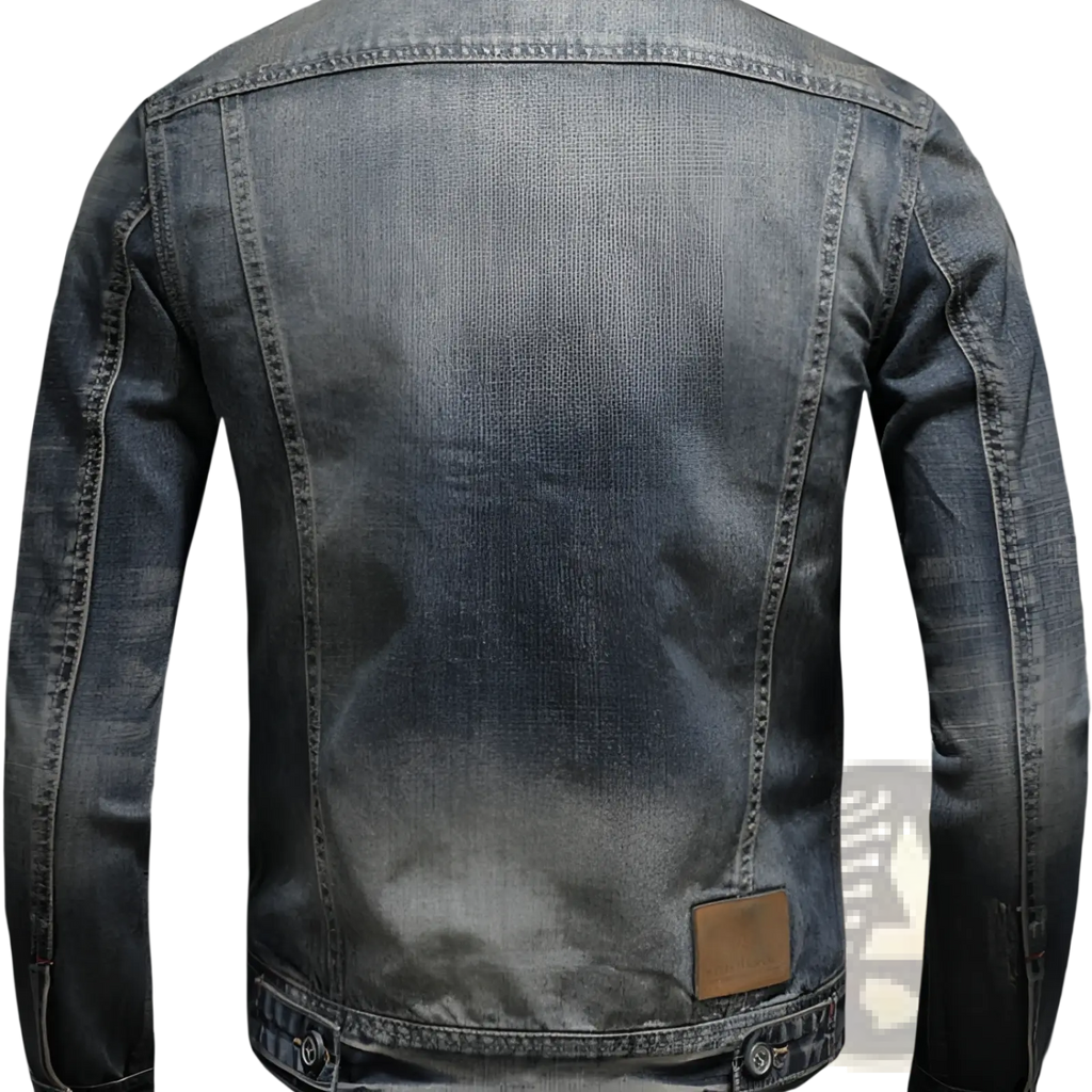 Distressed dark wash denim jacket for men featuring faded look and visible stitching along seams