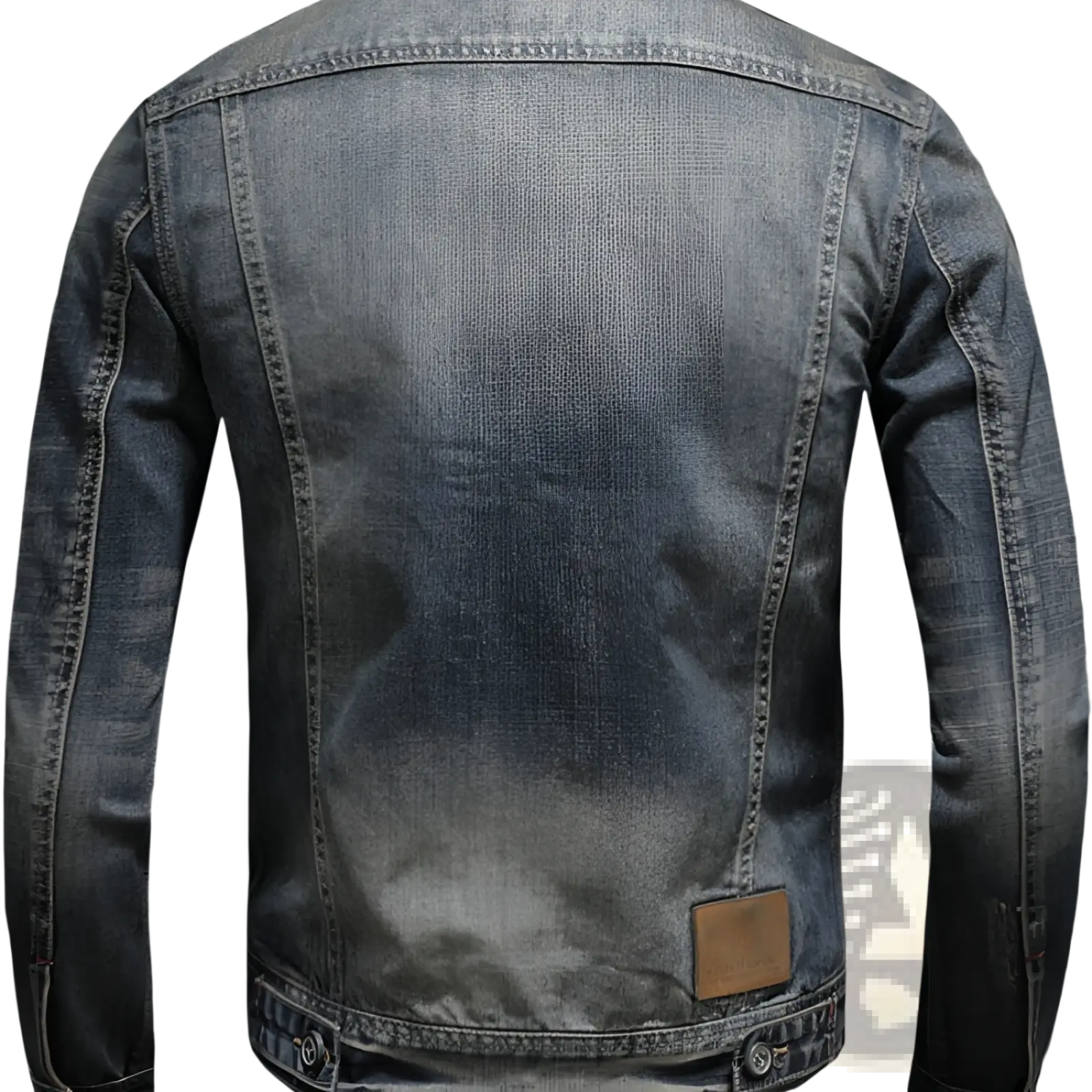 Distressed dark wash denim jacket for men featuring faded look and visible stitching along seams