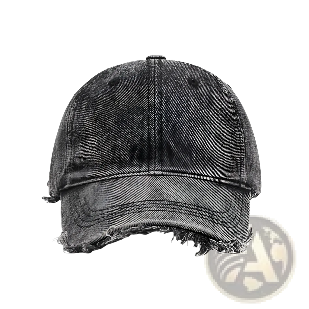 A distressed black denim baseball cap with frayed edges and a faded worn texture in a casual style