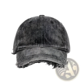 A distressed black denim baseball cap with frayed edges and a faded worn texture in a casual style