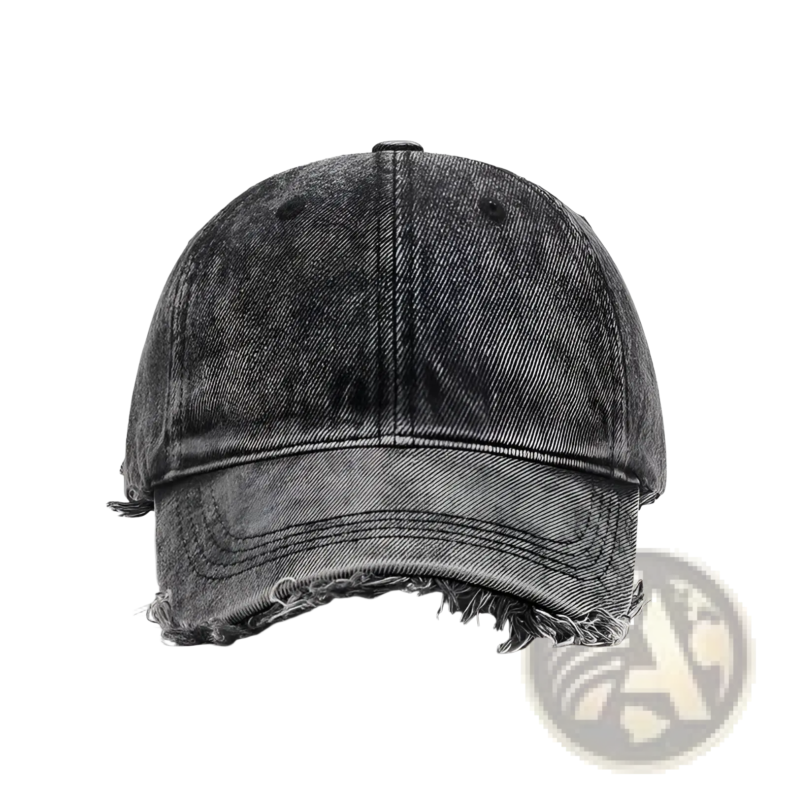 A distressed black denim baseball cap with frayed edges and a faded worn texture in a casual style