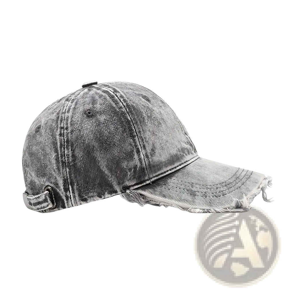 Distressed denim baseball cap in gray featuring a frayed brim and adjustable strap shown from the back side