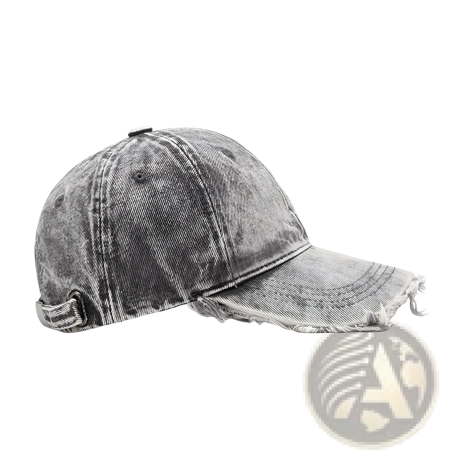 Distressed denim baseball cap in gray featuring a frayed brim and adjustable strap shown from the back side