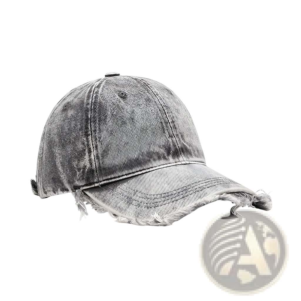 A distressed gray denim baseball cap with frayed brim and seams showcasing a worn vintage style