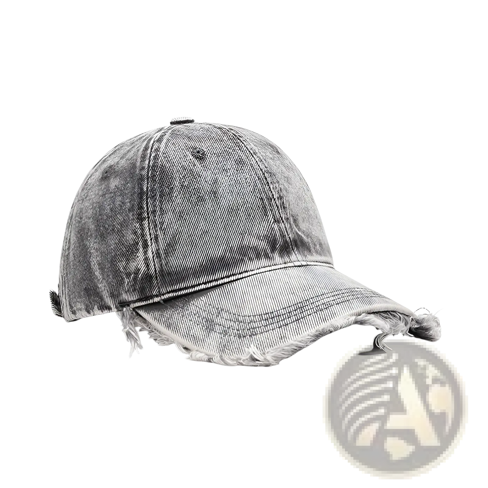 A distressed gray denim baseball cap with frayed brim and seams showcasing a worn vintage style