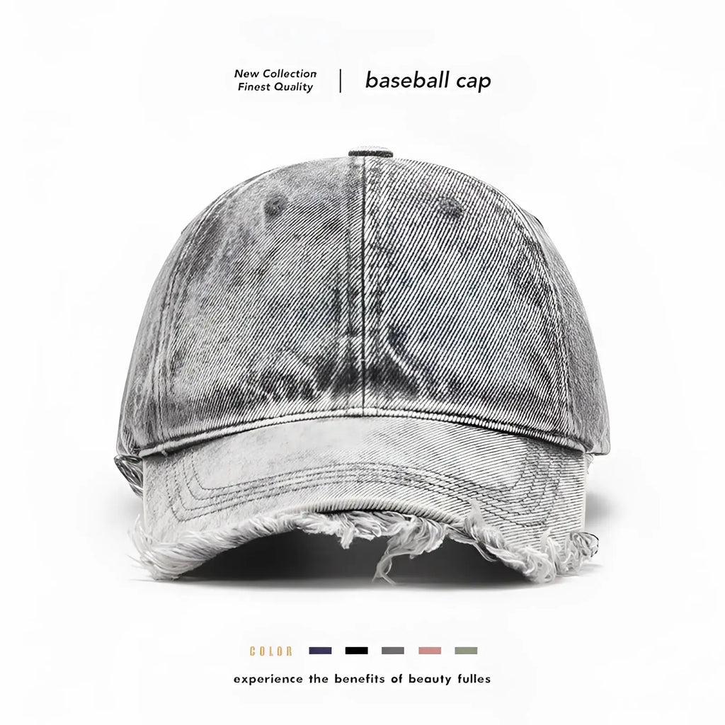 Distressed denim baseball cap in washed blue with frayed brim and textured fabric for casual wear