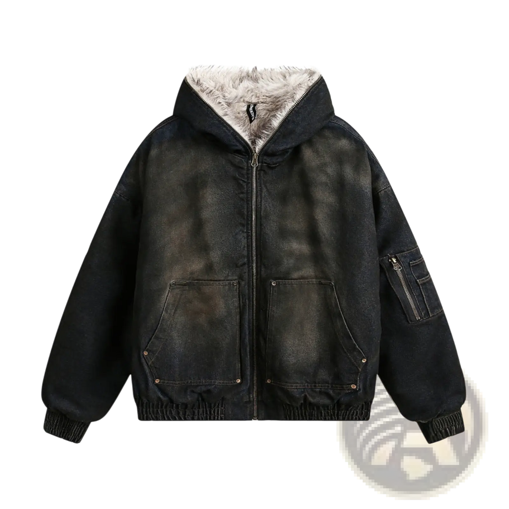 Black distressed denim hooded winter jacket for men with plush gray shearling lining and two front patch pockets