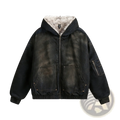 Black distressed denim hooded winter jacket for men with plush gray shearling lining and two front patch pockets