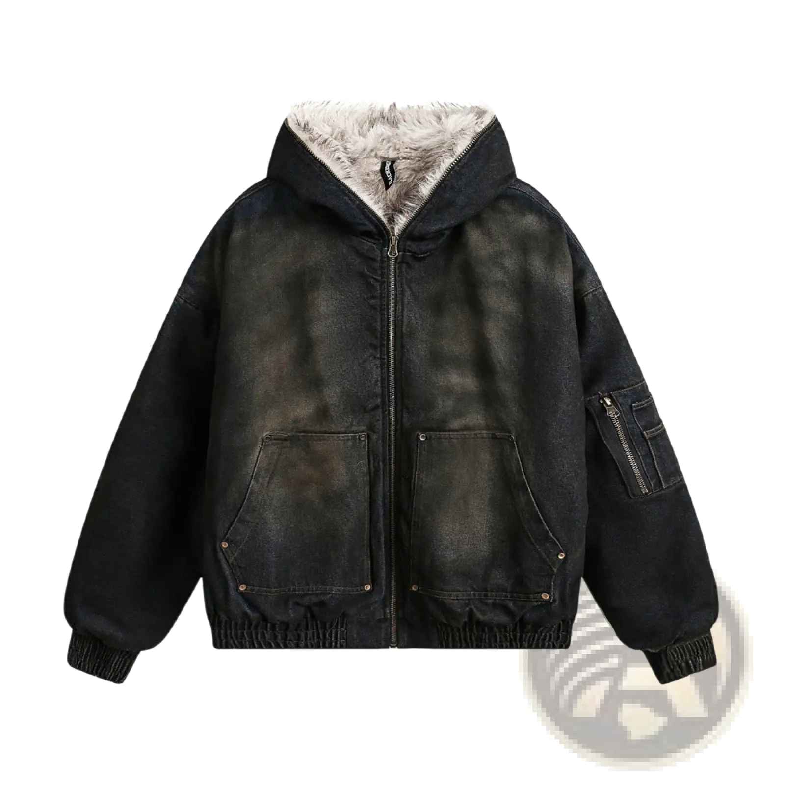 Black distressed denim hooded winter jacket for men with plush gray shearling lining and two front patch pockets