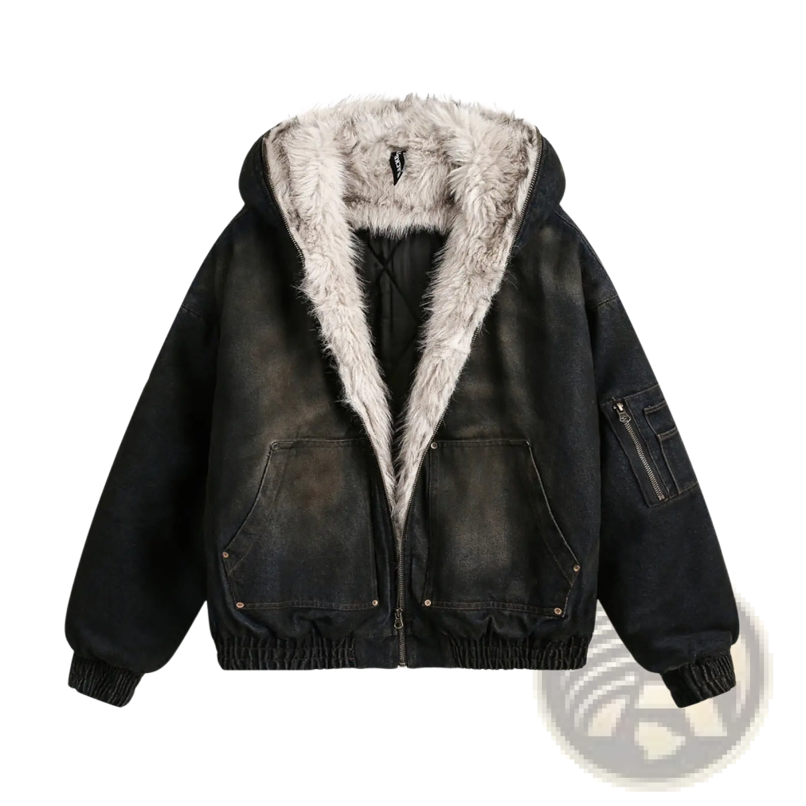 Black distressed denim hooded winter jacket for men with plush silver gray faux fur-lined hood and two front pockets