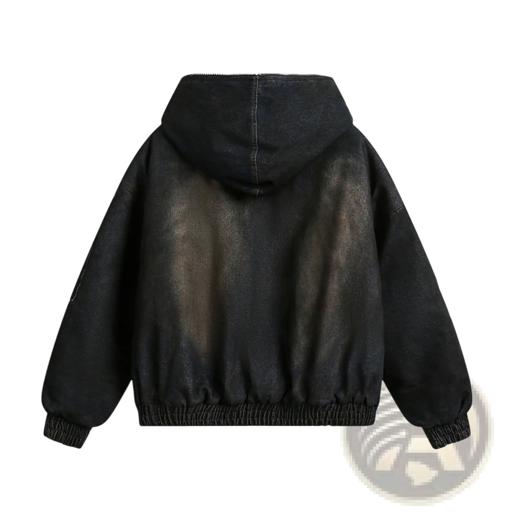 Black denim hoodie with faded distressed finish and elastic cuffs featured in distressed denim hooded winter jacket for men