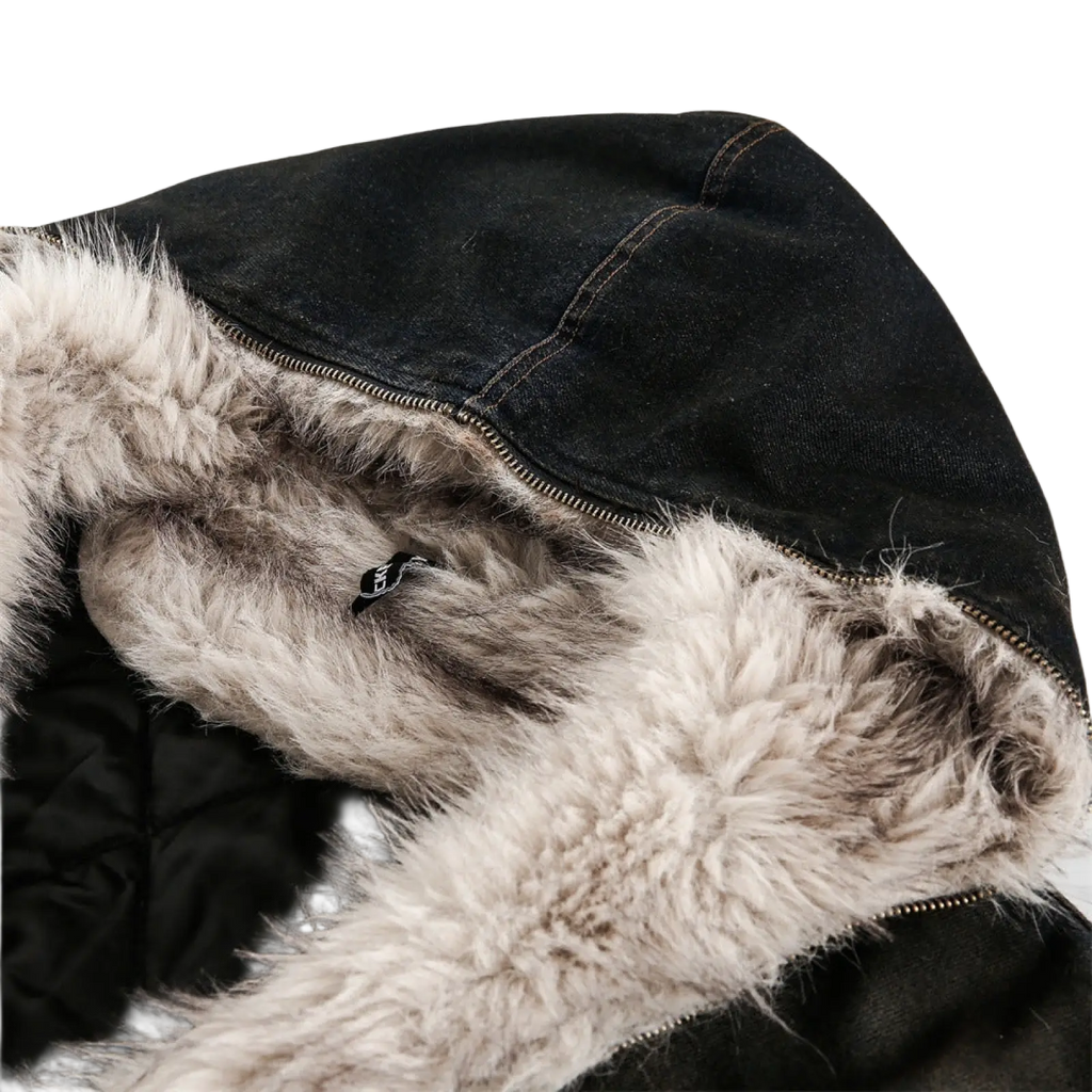 Black denim hooded winter jacket for men with distressed details and plush light gray faux fur lining interior
