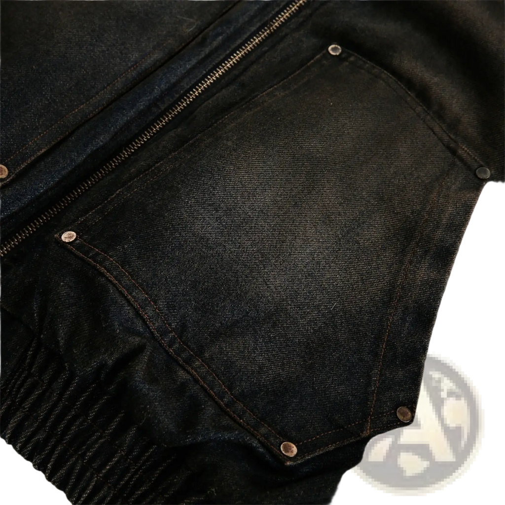 Black distressed denim hooded winter jacket for men with zipper and reinforced pocket on front side