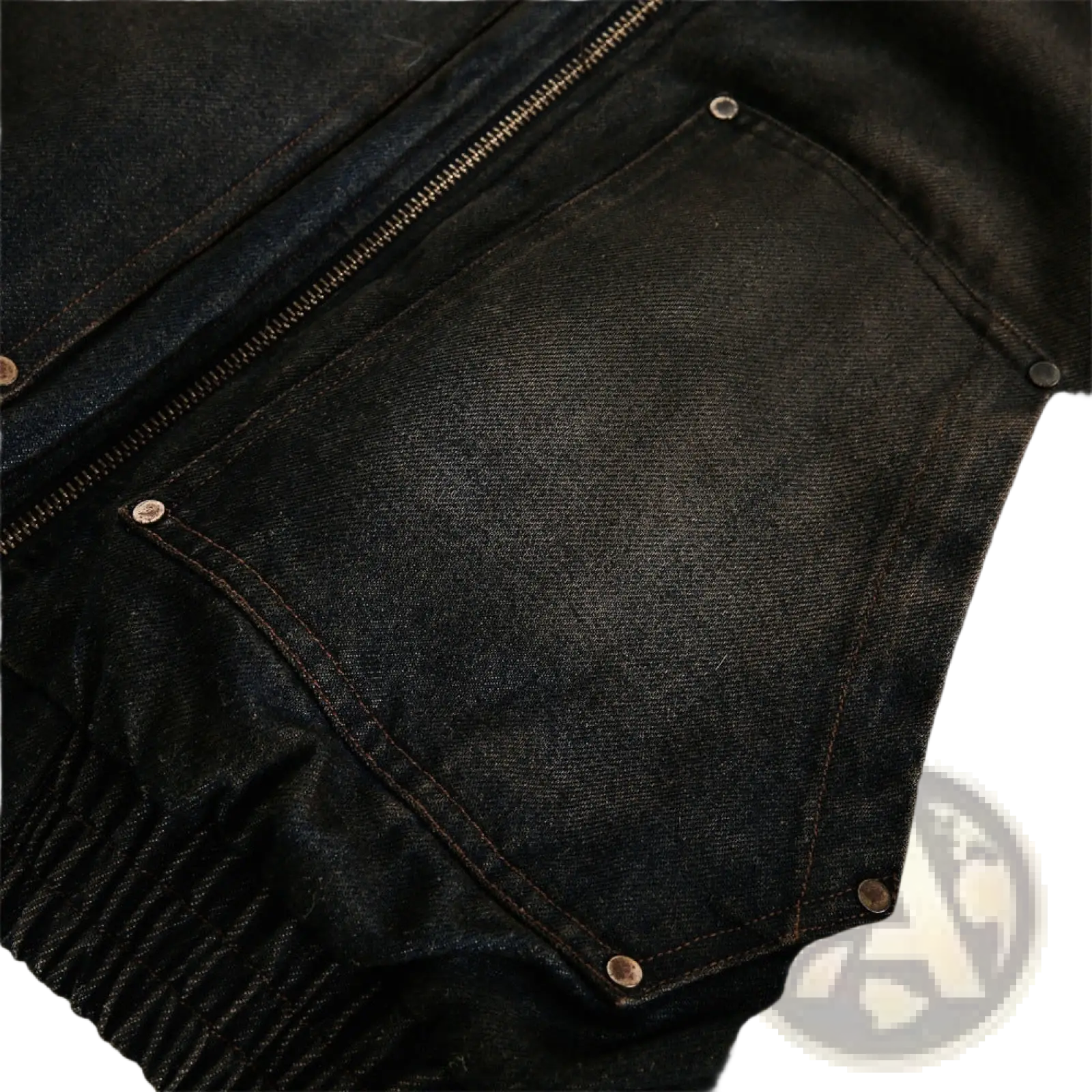 Black distressed denim hooded winter jacket for men with zipper and reinforced pocket on front side