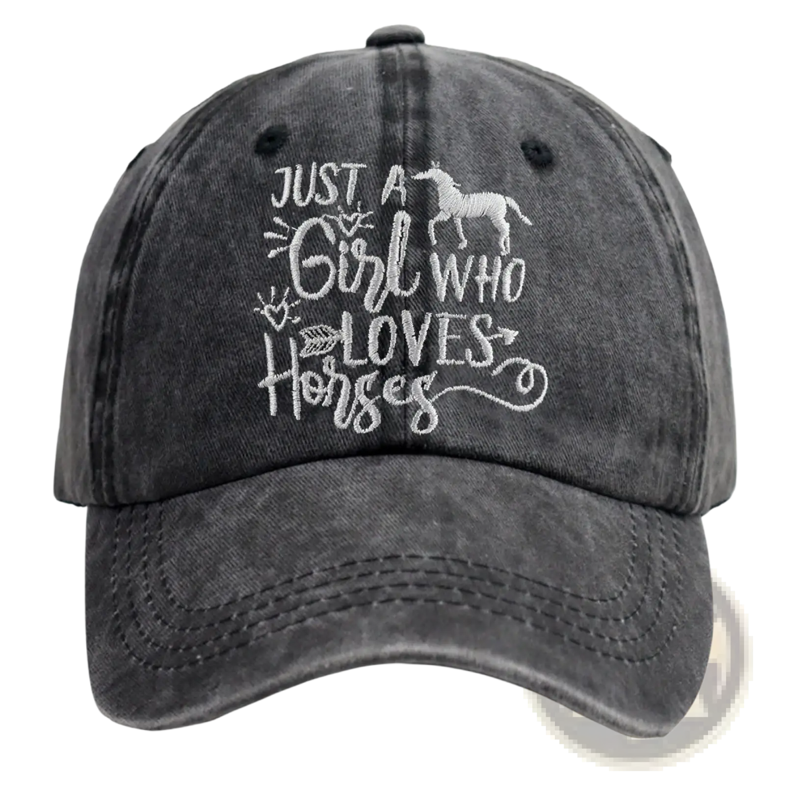 A dark gray distressed denim baseball cap with white embroidered horse silhouette and text for horse lovers