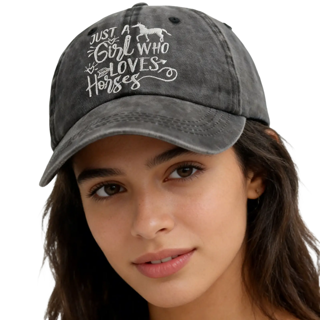 Distressed denim gray baseball cap with white embroidered text just a girl who loves horses and horse silhouette