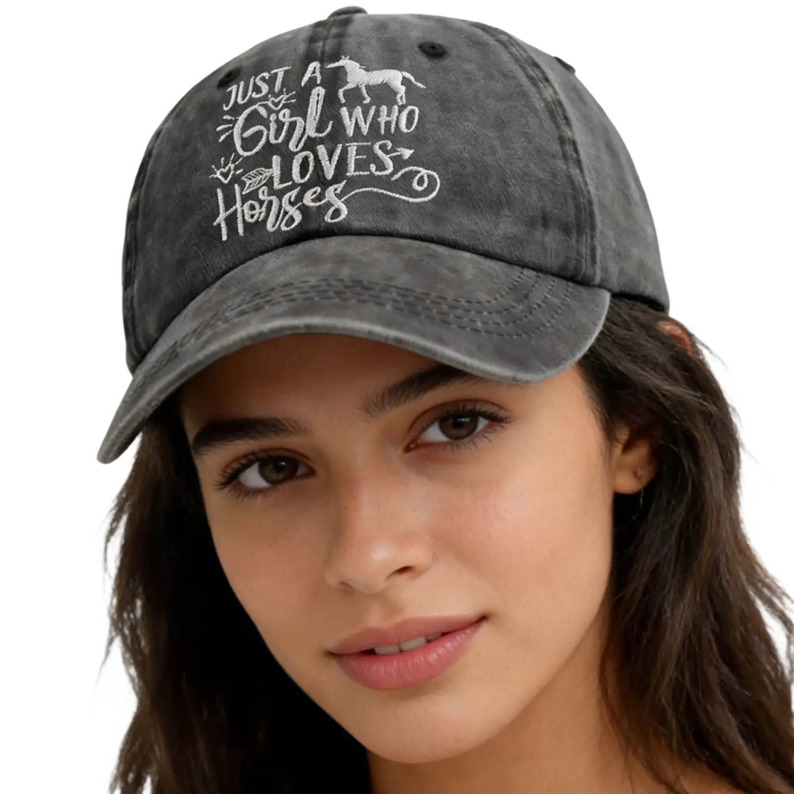 Distressed denim gray baseball cap with white embroidered text just a girl who loves horses and horse silhouette