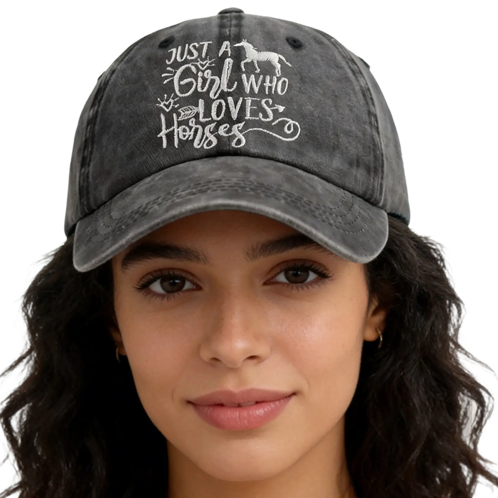 Distressed denim gray baseball cap with white embroidered text just a girl who loves horses and horse silhouette