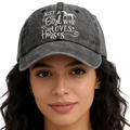 Distressed denim gray baseball cap with white embroidered text just a girl who loves horses and horse silhouette