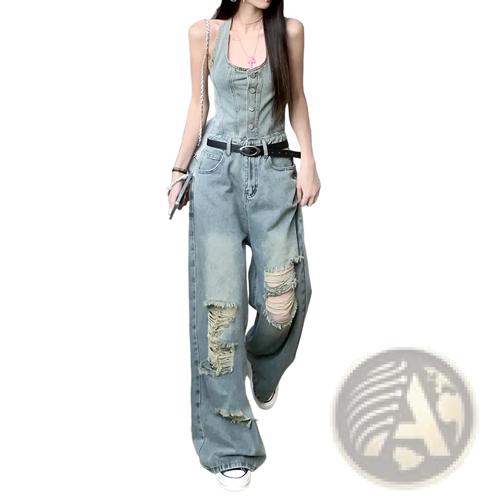 Light-wash distressed denim overalls with frayed patches on knees and thighs made from durable cotton fabric