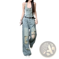Light-wash distressed denim overalls with frayed patches on knees and thighs made from durable cotton fabric
