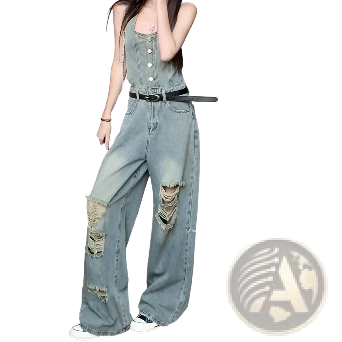 Light-wash denim overalls with distressed frayed knee patches and a button-front design for casual wear