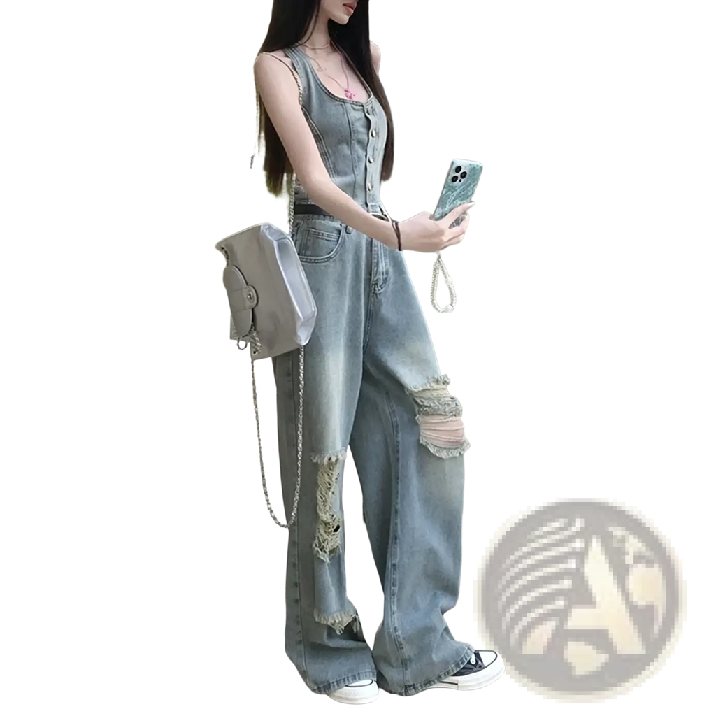 Light-wash distressed denim overalls with frayed knees and button-front design made from durable cotton fabric