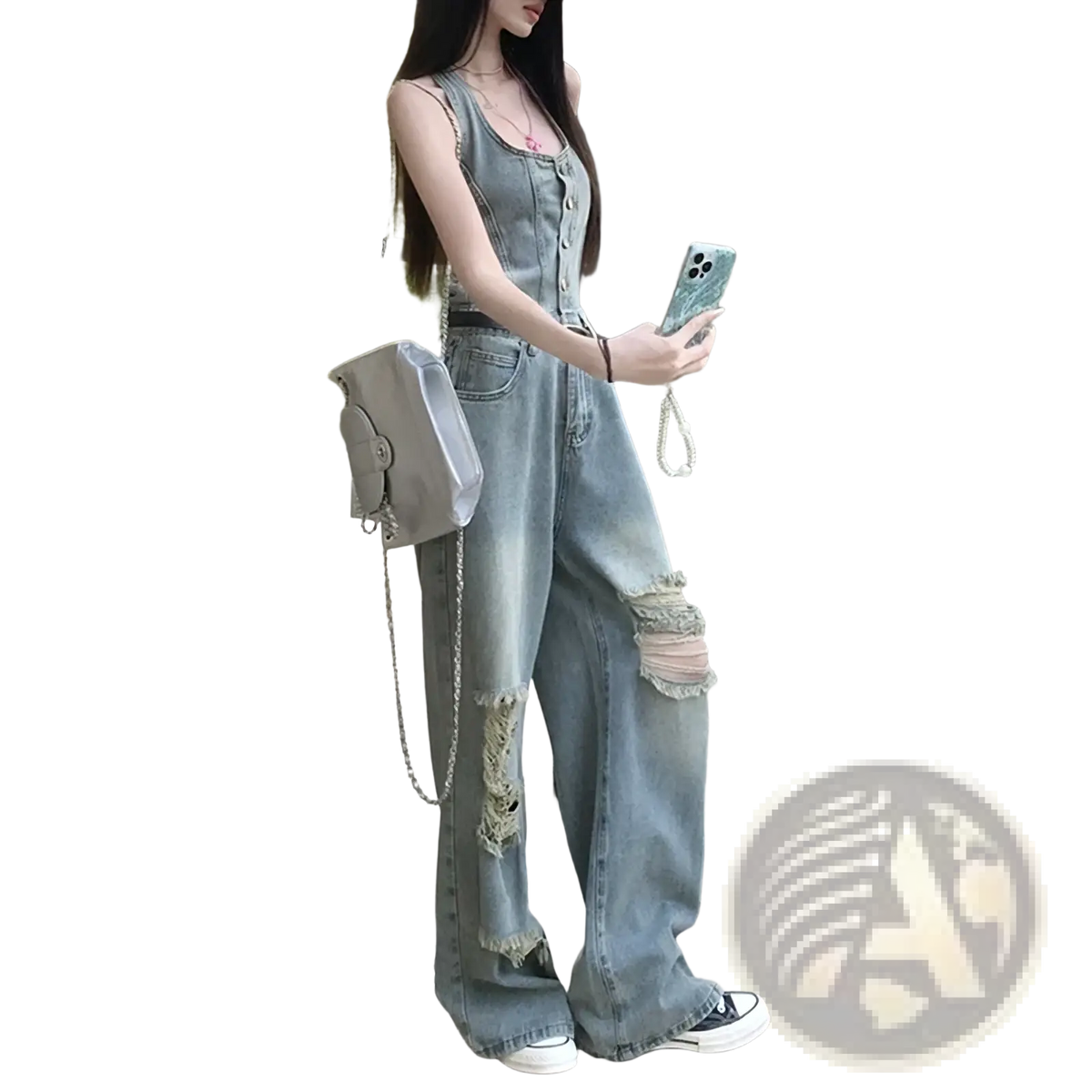 Light-wash distressed denim overalls with frayed knees and button-front design made from durable cotton fabric