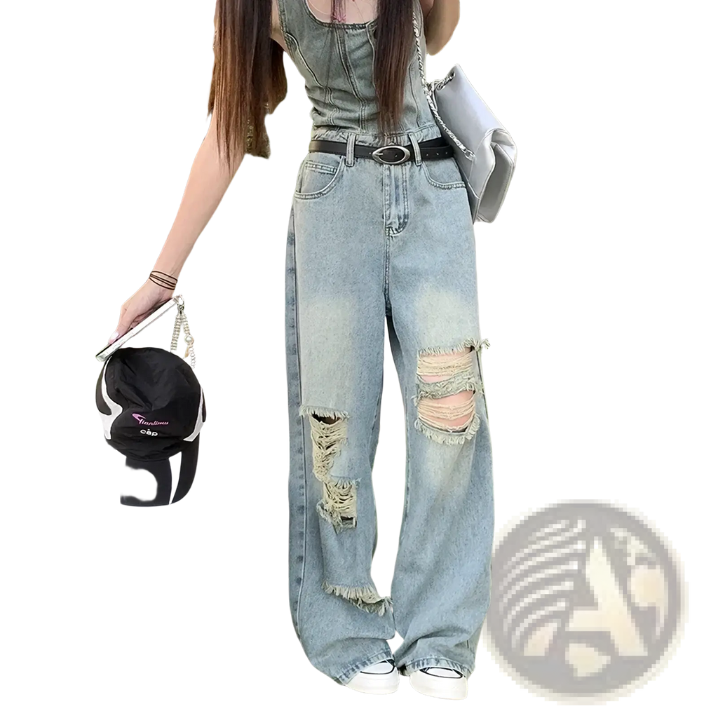 Light-wash distressed denim overalls with wide-leg design frayed knee rips and classic five-pocket detail