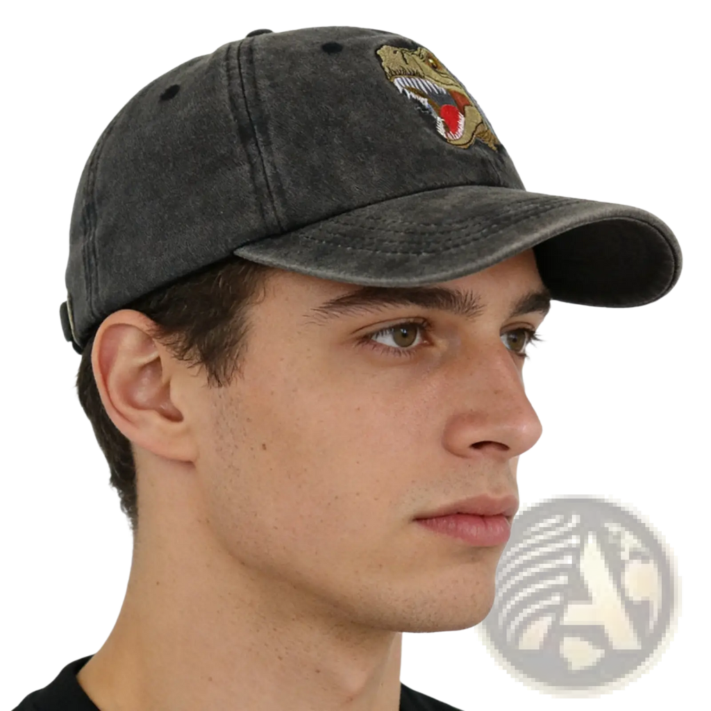 Distressed dinosaur baseball cap in dark gray distressed cotton with detailed red and gold embroidered dinosaur logo