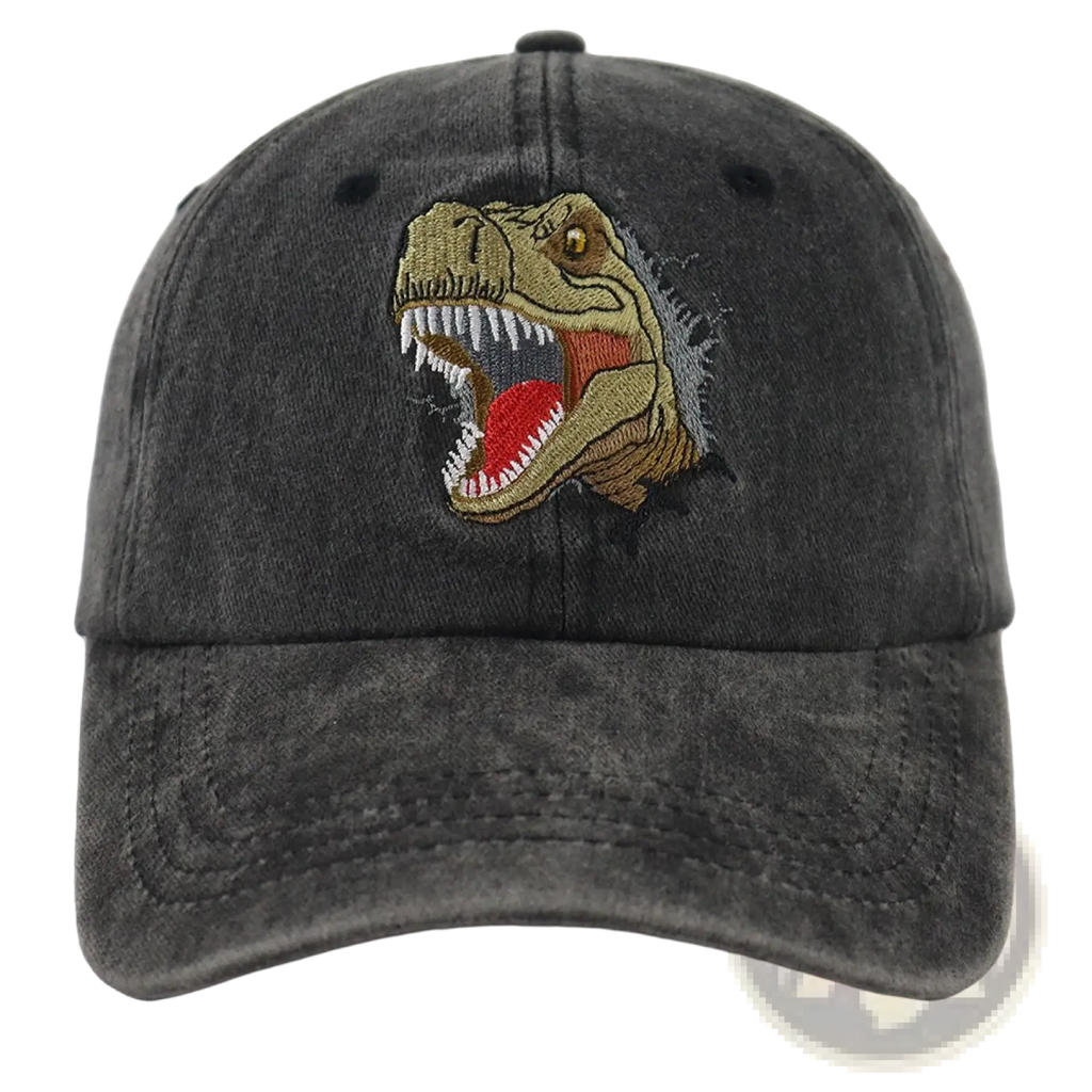 Dark gray distressed denim baseball cap featuring vibrant embroidered t-rex head with yellowish-green scales and red tongue