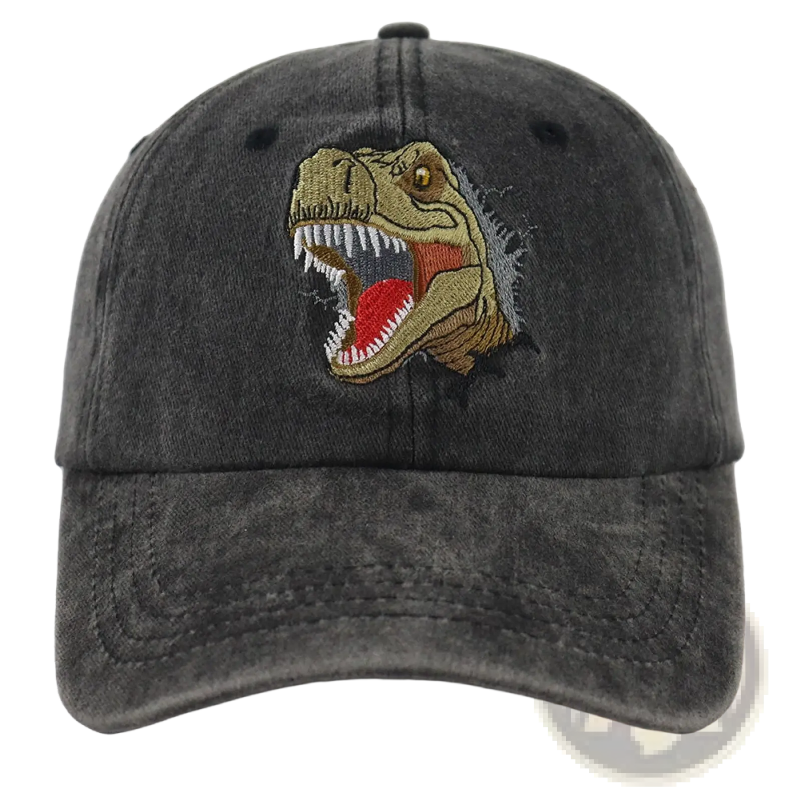 Dark gray distressed denim baseball cap featuring vibrant embroidered t-rex head with yellowish-green scales and red tongue
