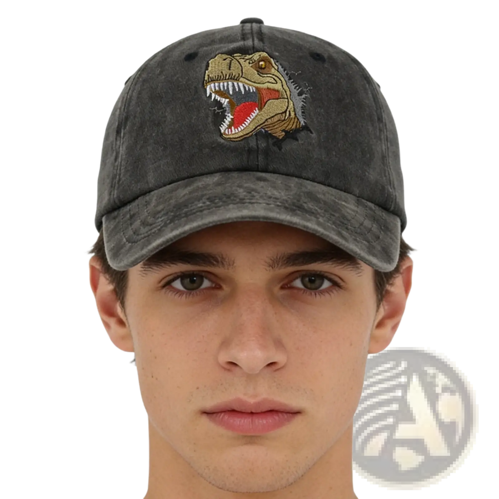 A dark gray distressed dinosaur baseball cap with an embroidered t-rex head featuring a red tongue and white teeth