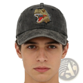 A dark gray distressed dinosaur baseball cap with an embroidered t-rex head featuring a red tongue and white teeth